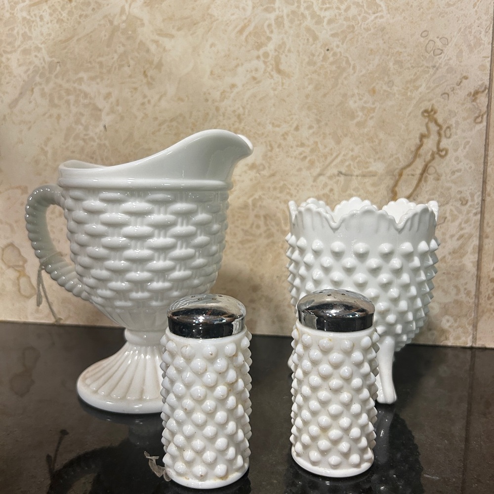 White ceramic creamer and sugar set with salt and pepper shakers